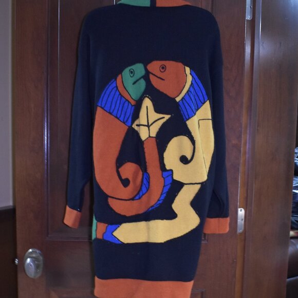 VTG CRISCA by Escada Fish Print Color Block Wool Cardigan Sweater Sz Large Rare - Picture 2 of 16